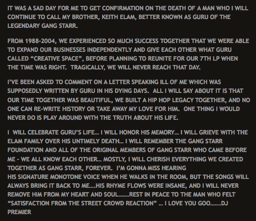 guru preemo DJ Premiers official statement on death of Guru