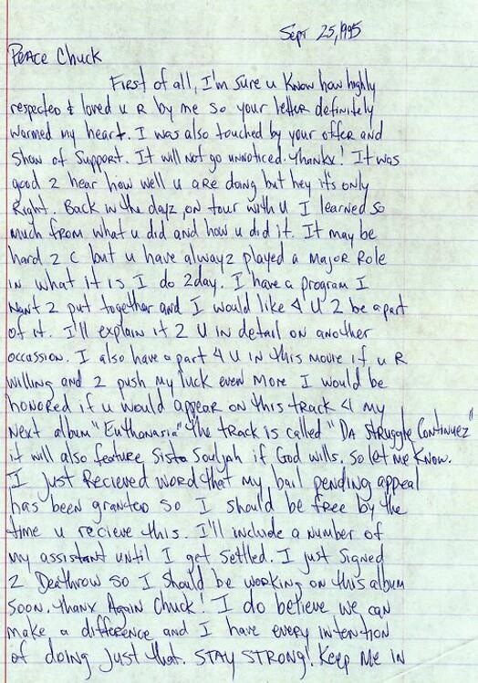 Letter Tupac Wrote To Chuck D From Prison (September 1995) letter Letter Tupac Wrote To Chuck D From Prison (September 1995)